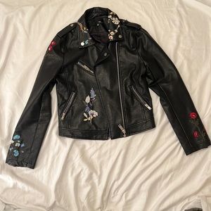 Embroidered Black Vegan Leather Jacket
